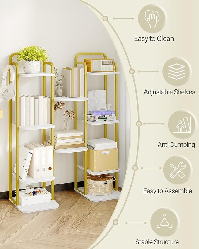 6 Tiers Vertical Shoe Rack, Narrow Shoe Tower, Tall Shoes Shelf with 2 Hooks, Adjustable Shelves, Corner Shoes Shelves for Small Spaces, Entryway, Living Room, White Gold SR04213A-NeatNest