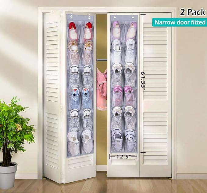 MISSLO Narrow Over The Door Shoe Organizer Door Hanger 12 Large Mesh Pockets Hanging Shoe Rack for Closet Door Cruise Ship Essential, Grey, 2 Pack-NeatNest