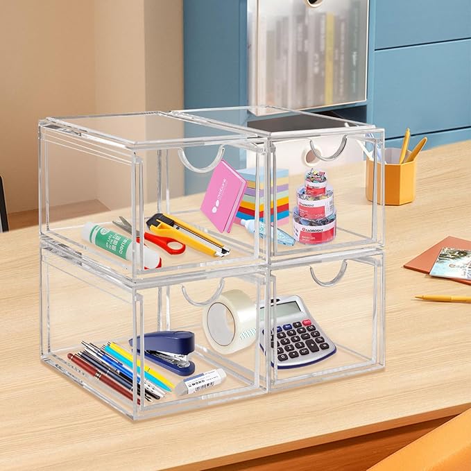 AMEITECH 2 Pack Clear Stackable Storage Drawer, Bathroom Makeup Organizer, Plastic Storage Bins, Acrylic Organization and Storage for Vanity, Kitchen Cabinets, Pantry, Undersink