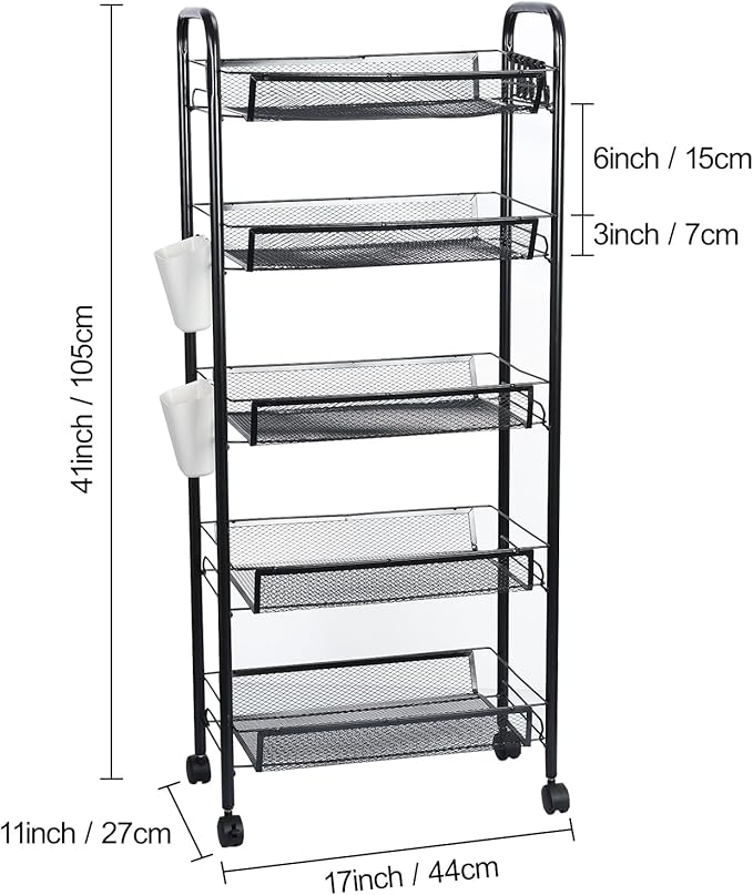 5 Tier Rolling Storage Cart Metal Utility Cart Stackable and Removable Kitchen Metal Mesh Storage Shelves with Wheels Heighten Guardrail for Kitchen, Dorm, Bedroom, Bathroom Black 5-Layers