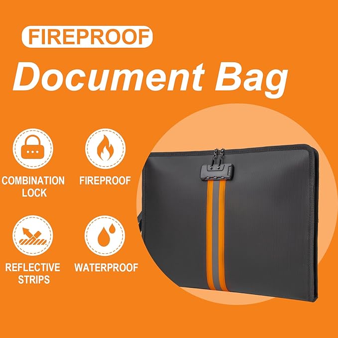 Fireproof Document Bag with Lock,15"×11" Fireproof Money Bag,with Zipper and Lock,Suitable for Tablets, A4 Documents, Cash, Mobile Phones,