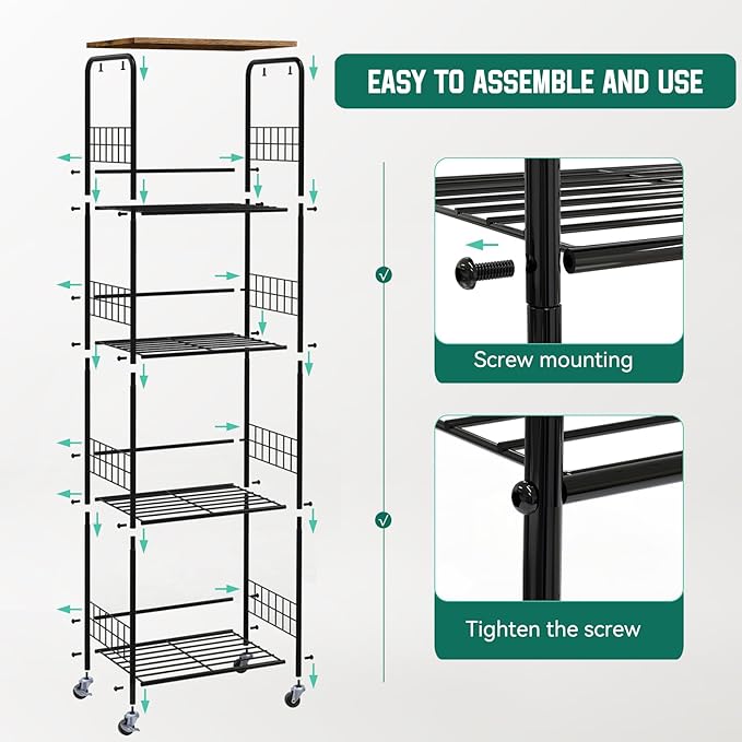 Storage Shelves with Wheels 5 Tier Metal Wire Storage Rack with Wooden Top, Versatile Utility Organizer with Side Hooks Free Standing Rolling Cart for Bathroom, Living Room, Kitchen, Laundry, Brown