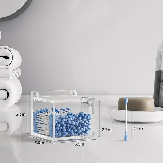 Clear Acrylic Qtip Holder With Lid Cotton Balls Swab Organizer,Square Q Tip Storage, Floss Picks, Bath Salts, Cotton Wab Holder,Home Bathroom Decor (DP011)-NeatNest