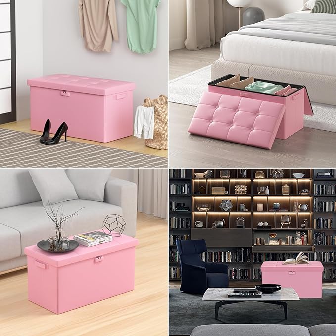 DocSafe Storage Ottoman Bench with Lock,Fireproof 30 Inches Folding Bench Foot Rest Stool Storage Chest Safe for Living Room,Bedroom,Home Office,Waterproof Leather Ottoman with Handles,Pink-NeatNest