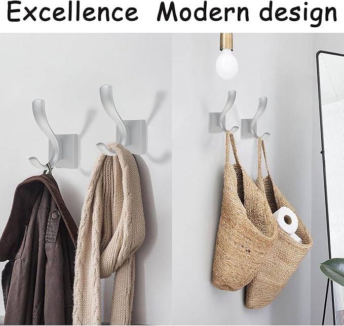 2 Pack Towel Holder for Bathroom Wall Hooks, Bath Towel Rack Shower Towel Holder, Robe Hook Heavy Duty Coat Hooks Entryway Wall Mounted for Hanging Key Robe Hat Backpack (Silver)