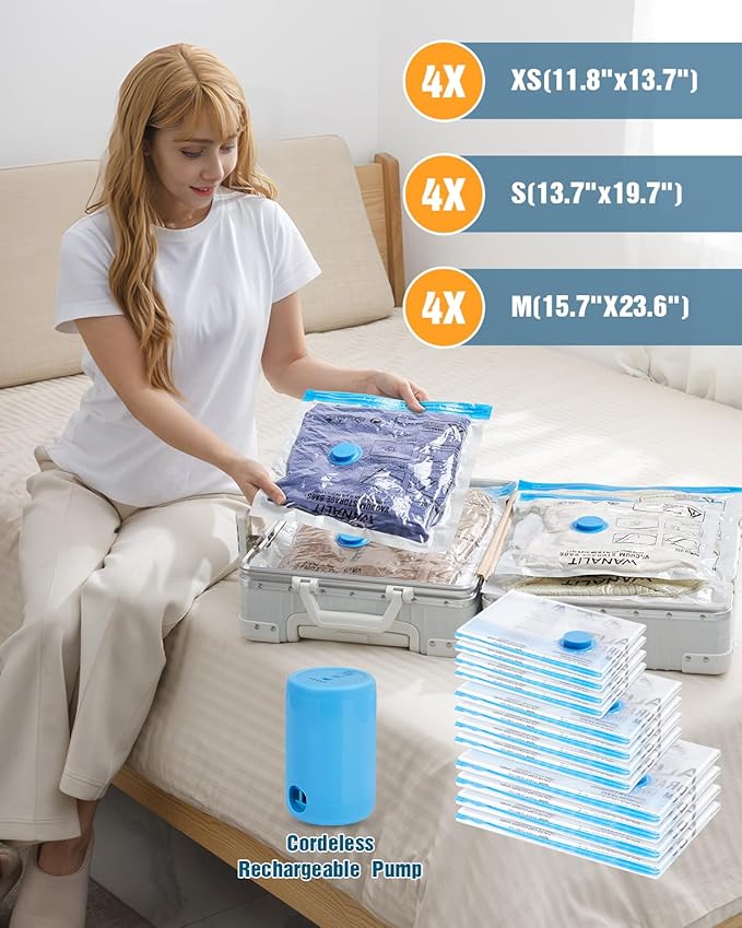 Vacuum Storage Bags for Travel, 12 Pack (4M+4S+4XS) Vacuum Seal Bags with Wireless Rechargeable Electric Pump, Travel Essentials Space Saving Bag for Clothes, Luggage, Carry-on Suitcase, Backpack-NeatNest