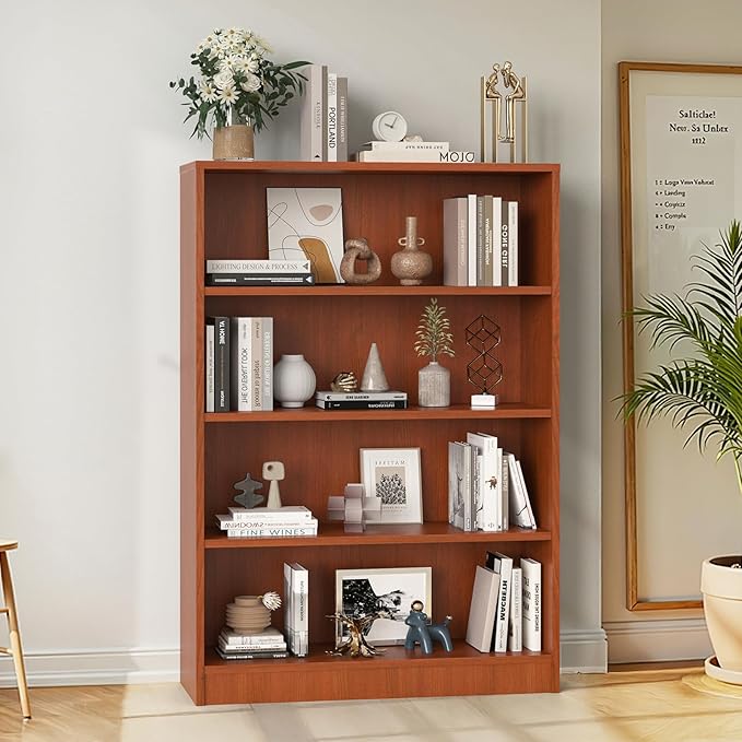 Farini 48 Inch Tall 4-Shelf Bookcase, Wood Bookshelf Storage Organizer Adjustable Shelf for Home Office, Study Room, Easy Assembly,Cherry