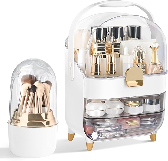 Brothersbox Makeup Organizer Countertop, Skincare Organizers with Clear Lid & 2 Drawers and Brush Holder, Make up Organizers for Vanity, Cosmetic Organizer for Bathroom Counter Dresser (White)
