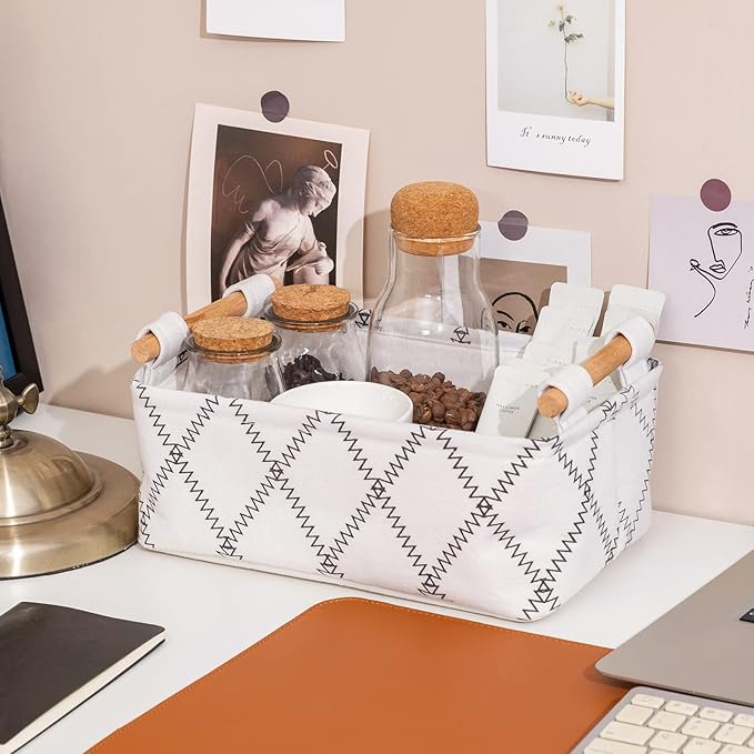 Decorative Collapsible Rectangular Fabric Storage Bin Organizer Basket with Wooden Handles for Clothes Storage, 11"×7.1"×3.9", White-NeatNest