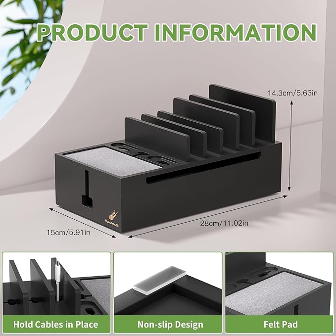 Pezin & Hulin Natural Bamboo Cable Management Box, Wire Organizers for Cords, Charge Station Box, Desktop Dock Organizer Rack for Electronic Device (Include 6 Cables)(No Power Adapter) -Black