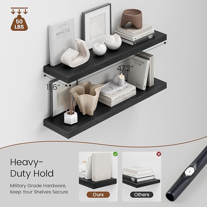 Heimlove 48W x 12D Long Floating Shelf, 12 Inch Deep Black Floating Shelves for Wall Set of 2, Wood Shelves for Bedroom Living Room Bathroom Kitchen Home Office, Wall Shelves with Heavy Duty Bracket-NeatNest