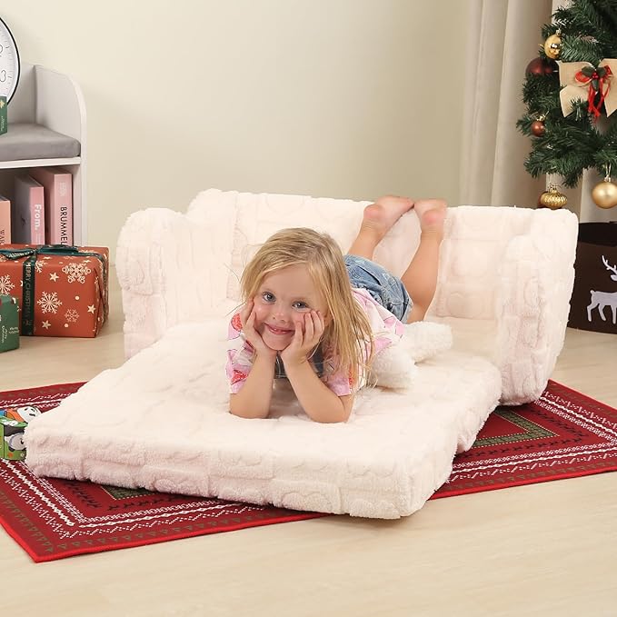 Extra Wider Seating Toddler Couch, 2-in-1 Toddler Soft Couch Fold Out with Star Pillow, Convertible Sofa to Lounger for Girls and Boys, Cream Heart-NeatNest