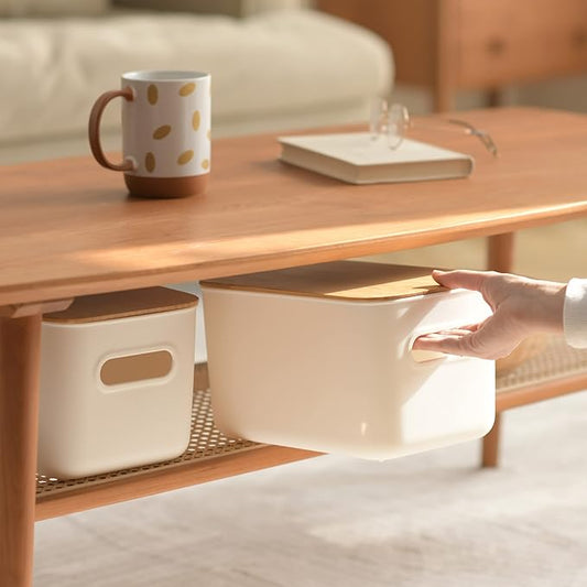 Citylife 2 Packs Plastic Storage Bins with Bamboo lids Stackable Storage Containers for Organizing, Bundled with Labels and Marker 10.24 x 7.01 x 6.1 inch-NeatNest