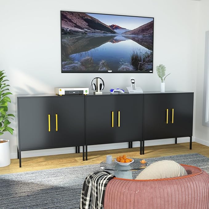 JOZZBY Buffet Sideboard Cabinet with Storage, Modern Wooden Cabinet with Adjustable Shelves, Black and Gold Cabinets for Living Room, Kitchen, Hallway, Set of 3