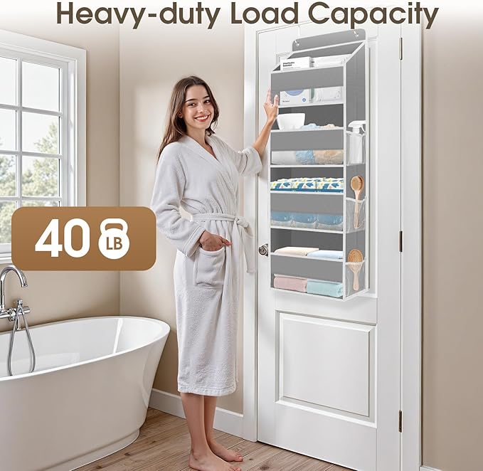 1 Pack Over The Door Organizer, Hanging Storage Organizer with Clear Window, 40lb Ultra Sturdy Large Capacity Room Organizer for Pantry Laundry Bathroom Nursery Closet Baby Essential (Grey)-NeatNest