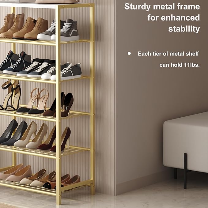 HOMEFORT Shoe Rack 6-Tier, Shoe Storage Shelf, Industrial Shoe Tower, Narrow Shoe Organizer for Closet Entryway, Small Shoe Rack Table with Durable Metal Shelves,Gold-NeatNest