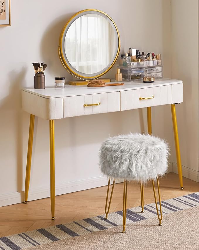 IBUYKE Round Faux Fur Vanity Stool with Storage, Furry Makeup Chair Ottoman, Soft Padded Seat, Round Footrest Footstools with 4 Metal Legs, for Living Room Bedroom Entryway, Gray WBD021G