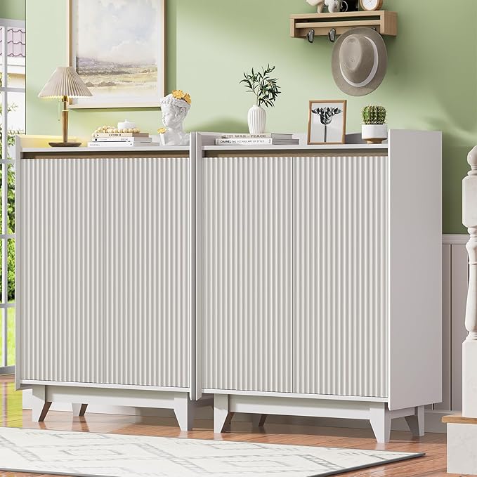 White Fluted Shoe Cabinet with Adjustable Shelves, Shoe Cabinet Storage for Entryway Hallway Living Room Bedroom, Shoe Rack Cabinet with 2 Doors 2PC, White & Walnut 43.7” H-NeatNest