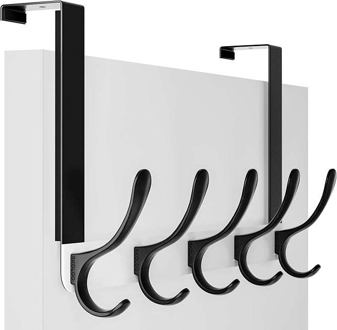 SKOLOO Over The Door Hook, Door Hanger Hooks for Hanging Clothes, Towels, Coats, Hats, Over The Door Towel Hook - Pack of 2, Black on White, Assembly Required