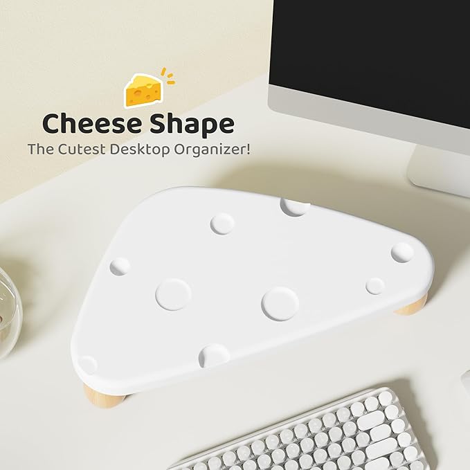 Cute Monitor Stand Riser,Cheese-Shaped Sturdy Desktop Computer Stand Wood White Monitor Riser for Laptop, PC, Computer,White-NeatNest