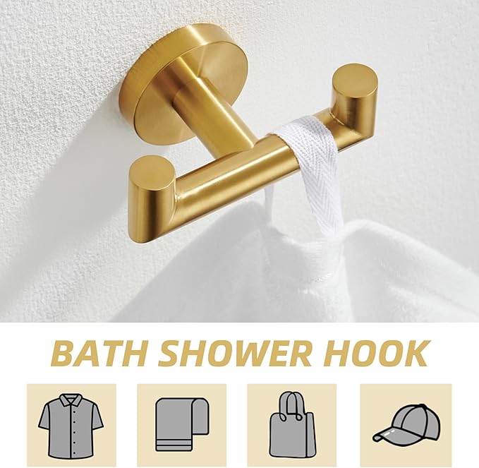APLusee Brushed Gold Double Hand Towel Hook, 304 Stainless Steel Coat Hanger Luxurious Style, Bathroom Accessories Wall Mounted