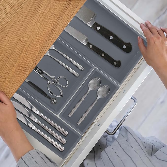 Bamboo Drawer Organizer - Kitchen Utensil Organizer Silverware Tray Cutlery Holder,Office Desk Supplies and Accessories,8.9 * 5.9 * 2.6,Grey-NeatNest