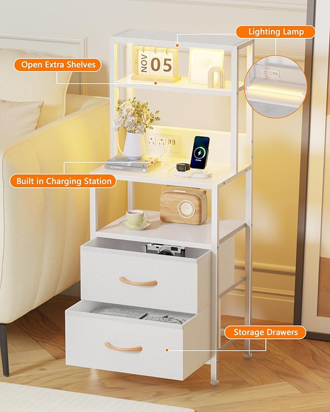 Furnulem Night Stand, Tall Bed Nightstand with 4-Tier Shelves, 2 PU Fabric Drawers and Light Tube, Bed Side Tables with Charging Station, Bedside Table for Bedroom, White