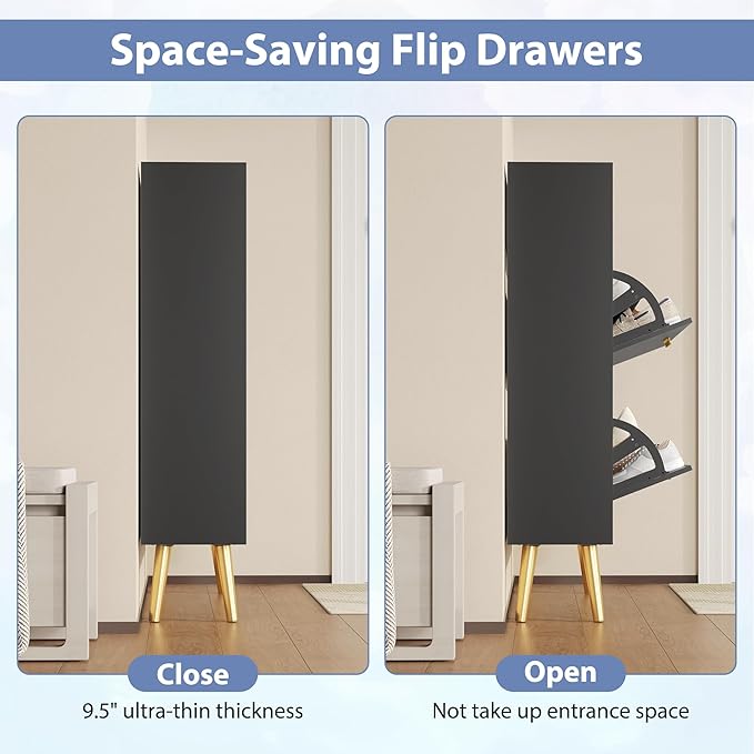 Entryway Shoe Cabinet, Black Shoe Storage Cabinet with 2 Flip Doors and Shelf, Narrow Hidden Shoe Organizer Cabinet Slim, Freestanding Shoe Rack for Entryway, Black-NeatNest