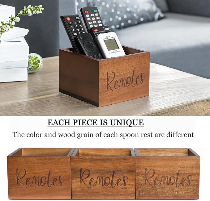 Acacia Wood Remote Control Holder Caddy, TV Organizer for Table, Vintage Farmhouse Desk Caddy (Brown for 3+ Controls)-NeatNest