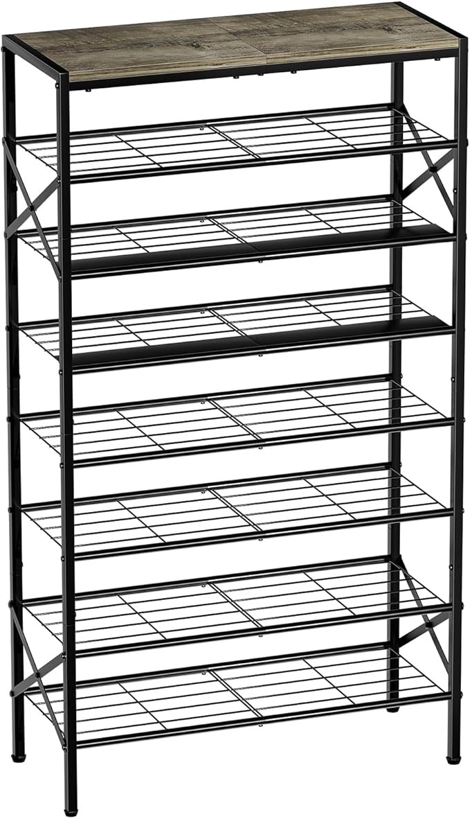 8-Tier Tall Shoe Rack Organizer Shoe Storage for Entryway 24-32 Pairs Metal Shoe Rack for Closet Heavy-Duty Shoe Rack with Wooden Top Shelf for Garage Gray-NeatNest
