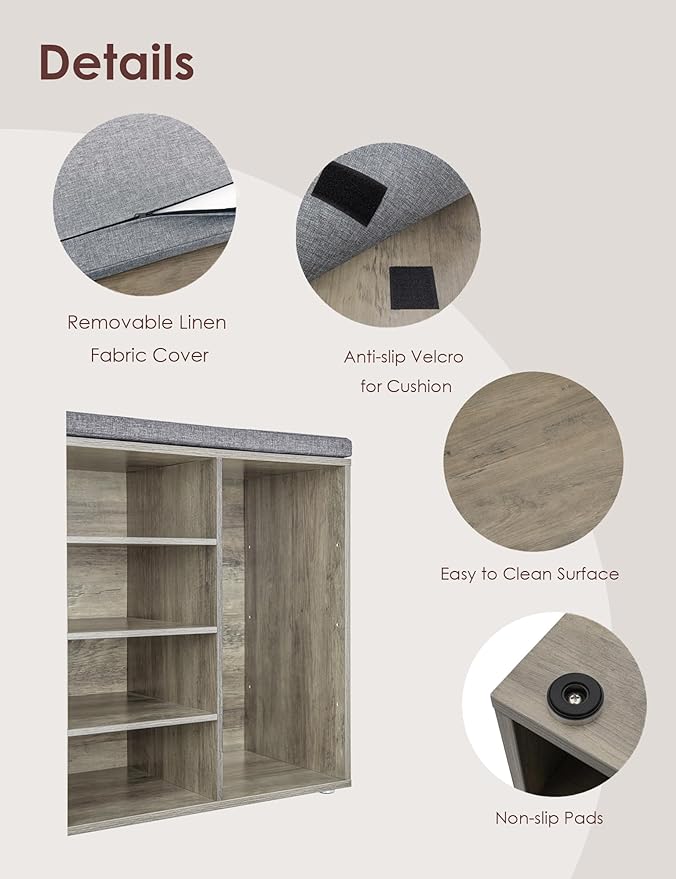 DINZI LVJ Shoe Storage Bench with Cushion, 16-Cubby Shoe Rack, Adjustable Shelves, Multifunctional Shoe Organizer Bench for Entryway, Mudroom, Hallway, Living Room, Bedroom and Garage, Gray Wash-NeatNest