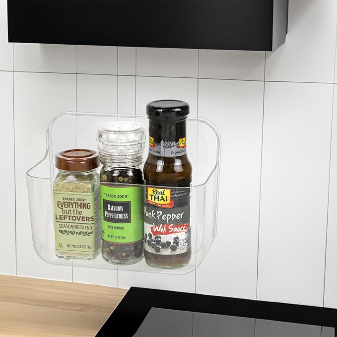 Wall Mounted Storage Organizer Bins Organizing Shelf Basket Clear Plastic Makeup Organizer Adhesive Hanging Bin Fridge Organizer for Bathroom,Kitchen,Cabinet,Pantry,Countertops (L(7×3.9×5.5"))-NeatNest