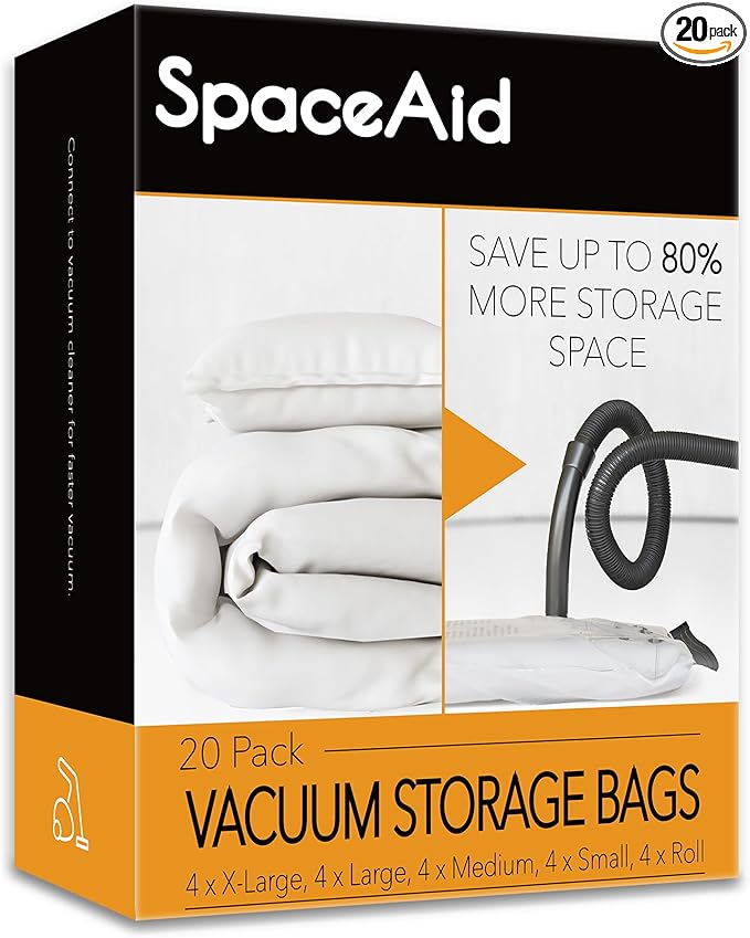 SpaceAid 20 Pack Vacuum Storage Bags, Space Saver Sealer Compression Bags for Comforters, Blankets, Pillows, Bedding, Clothes (4 Jumbo/4 Large/4 Medium/4 Small/4 Roll)-NeatNest