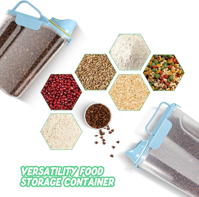 Dog Food Storage Container, Upgraded Large Nozzle BPA-free, 8-12 LBS Plastic Pet Food Storage Containers, With 4 Sealed Clasps, 1 Measuring Cup and Handle (2, Natural Blue (3L+5L), (3L+5L))-NeatNest