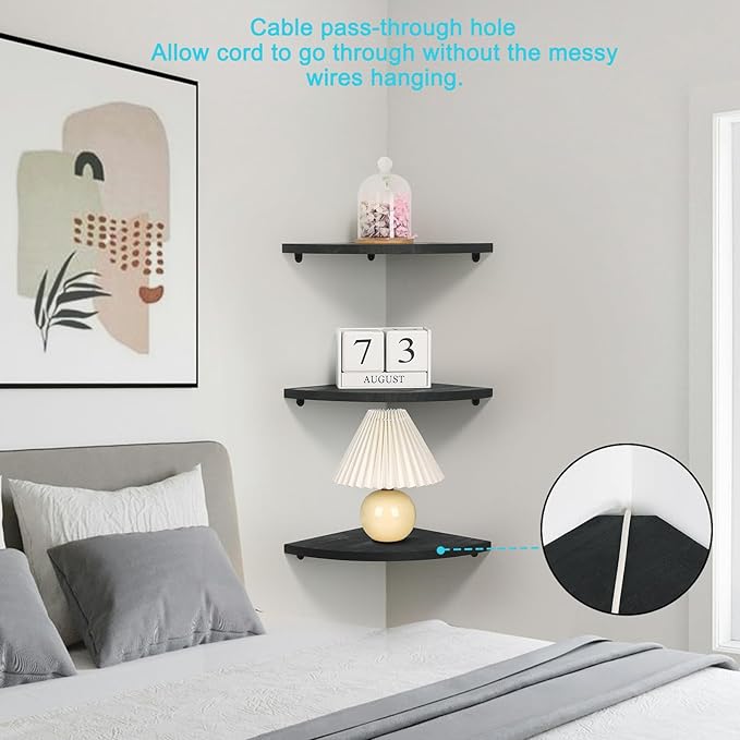 Joiishom Corner Wall Shelf Set of 3, Floating Corner Shelves, Rustic Wood Wall Storage Display Shelves for Living Room Bedroom Bathroom Kitchen (Round Edge-Black)-NeatNest