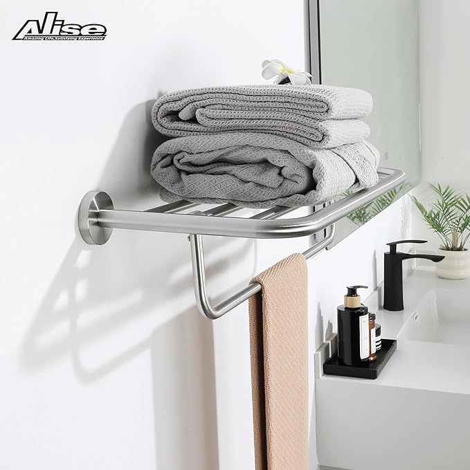 Alise 24 Inch Towel Racks for Bathroom, Foldable Towel Hanger Towel Shelf with Tower Bar, Heavy Duty Towel Holder, SUS 304 Stainless Steel Wall Mount Towel Rail, Brushed Nickel