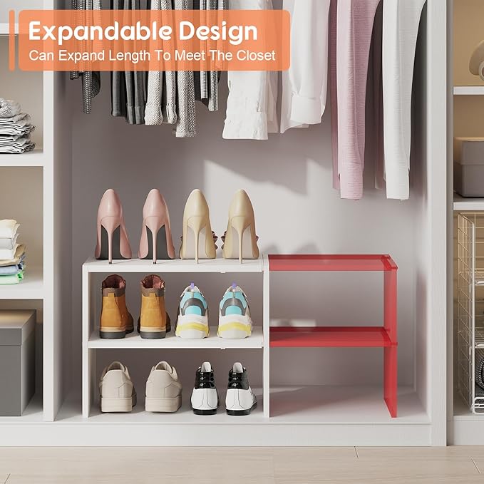2-Tier Expandable White Shoe Rack Organizer for Closet, Stackable Shoe Rack Storage Shelf, Small Iron Wood Combination Shoe Shelves for Closets,Entryway,Front Door, Narrow Space,Hallway,6-12 Pairs-NeatNest