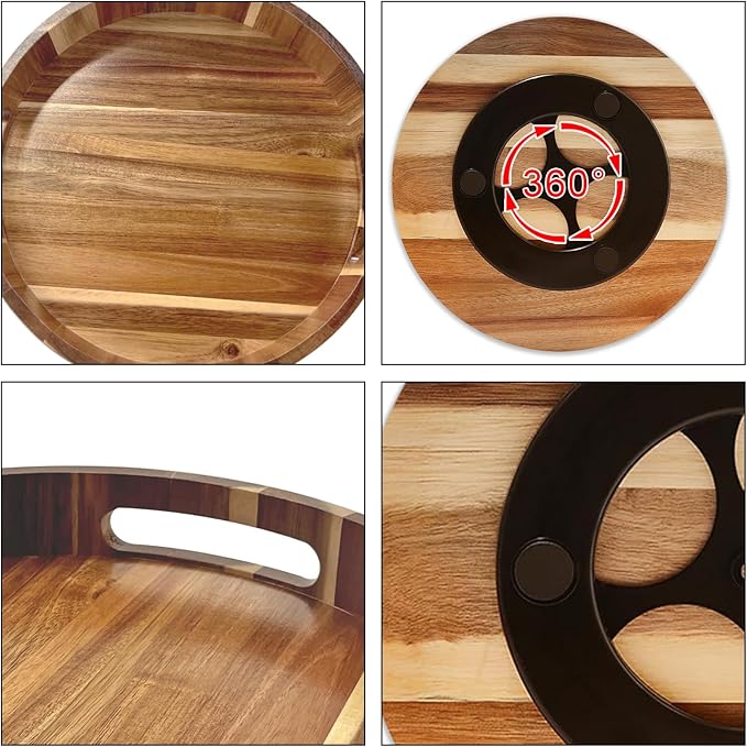 Acacia Wooden Lazy Susan for Table Top-12 Inch Wooden Lazy Susan Turntable with Double Handle-Large Acacia Wooden-Spice Organizer for Countertop, Table, Cabinet