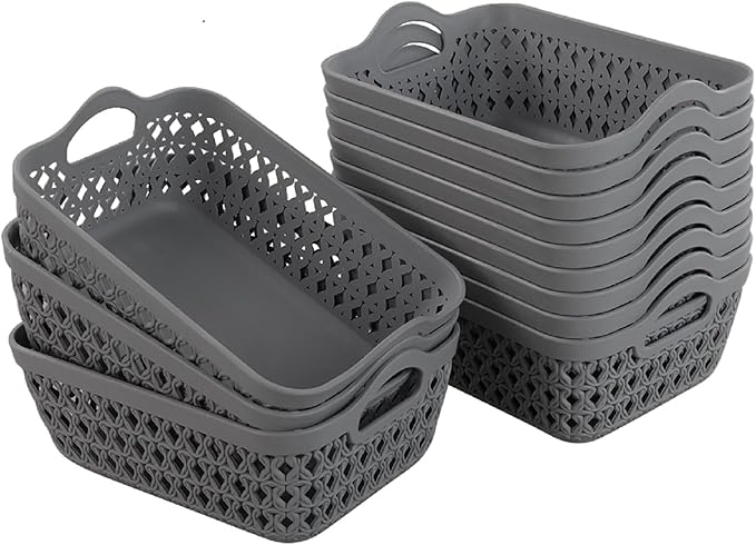 Kekow Gray Mini Plastic Storage Tray Basket with Handle, 12-Pack-NeatNest