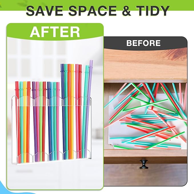 Acrylic Straw Holder for Cabinet Door with Double Sided Adhesive Tape Reusable Straw Organizer Tumbler Storage Kitchen Accessories Container for Counter Cupboard (Wave,Large,Clear)
