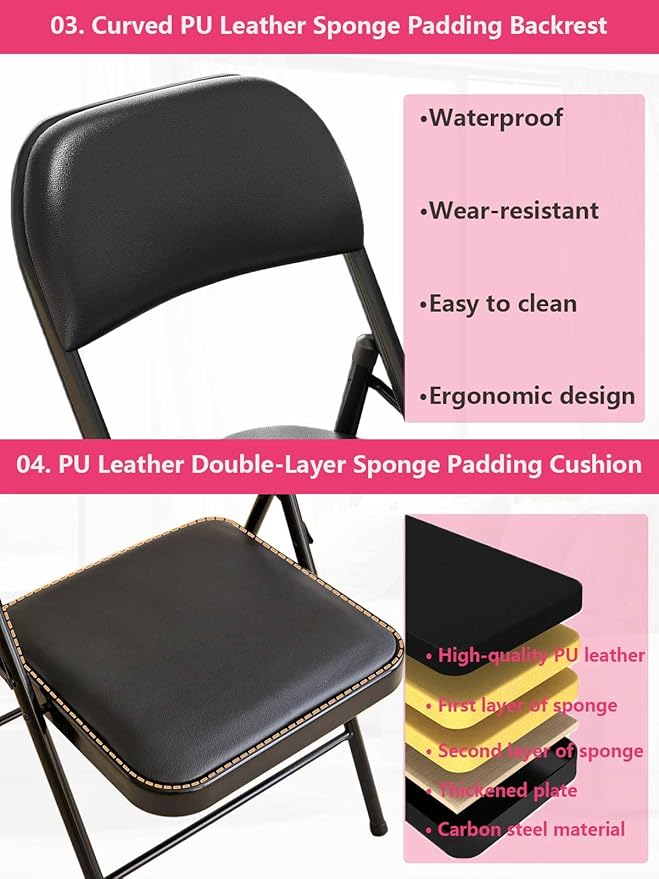 Black Padded Folding Chairs with Cushion 4 Pack, Heavy Duty Steel Metal Frame Foldable Chair for Indoor and Outdoor, Portable Stackable Commercial Seat for Bedroom Patio Party Event-NeatNest