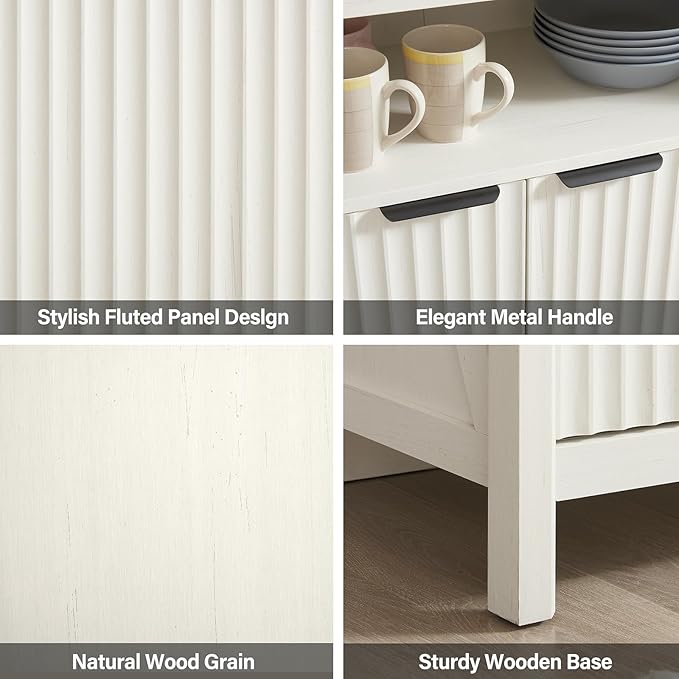 32 Inch Fluted Sideboard Buffet Cabinet with Storage, Modern Farmhouse Accent Credenza with Adjustable Shelves, Coffee Wine Bar Organizer for Kitchen, Entryway, Living Room (Antique White)