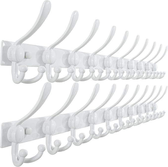 Dseap MaxStrong 2.0 Coat Rack Wall - 37” Long 10 Tri Hooks - Ultra Heavy-Duty Stainless Steel Wall Mount Coat Hanger, Hook Rail for Clothes Hats Jacket Towels White, Pack of 2