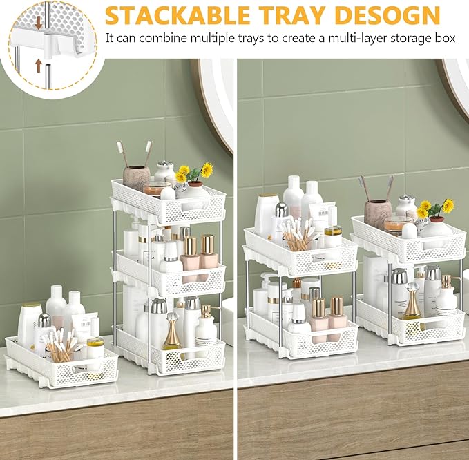 2 Pack Pull Out Bathroom Organizers and Storage, 2 Tier Stackable Under Sink Storage Organizer for Bathroom, Kitchen Cabinet, Pantry, and Medicine Holder, Organization and Storage - White-NeatNest