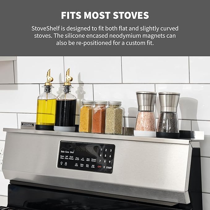 StoveShelf 24" Apartment Length Stainless Steel Finish Magnetic Shelf for Kitchen Stove - Kitchen Storage Solution with Zero Installation - Over Stove Spice Rack Organizer