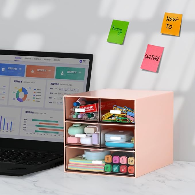 Desk Organizer with 5 Drawers, Rectangular Office Stationery Supplies Desktop Drawers, Plastic Makeup Storage, Suitable for Office, School, Home (Pink & 5 Drawers)-NeatNest