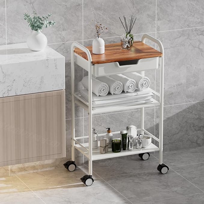 3 Tier Rolling Cart with Drawer, Metal Rolling Storage Cart with Table Top, Modern Utility Cart on Wheels Kitchen Cart Storage Organizer for Bathroom Office Living Room, White-NeatNest