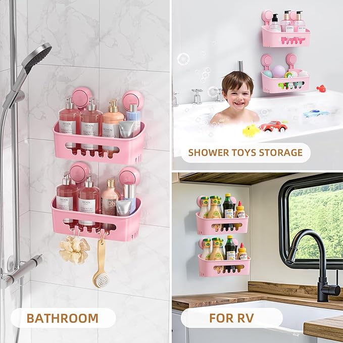 LEVERLOC Shower Caddy Suction Cup 2 Pack, Shower Organizer Removable Bathroom Shelf, Storage Suction Powerful Max Hold 22lbs Bathroom Caddy Waterproof Holder, Pink-NeatNest