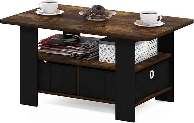 Furinno Andrey Coffee Table with Bin Drawer, Amber Pine/Black Small Non-Lift Top-NeatNest