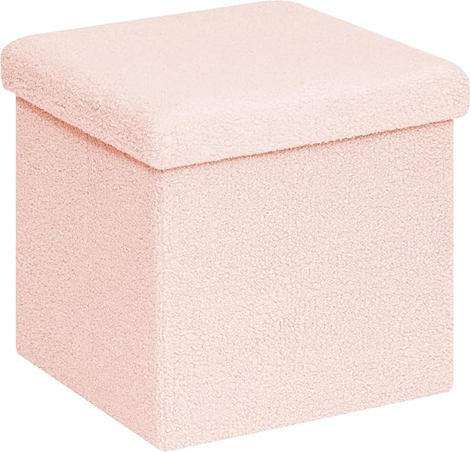 Folding Storage Ottoman Cube - Small Footrest with Sherpa Top, Multi-Functional Storage for Bedroom, Living Room-Pink